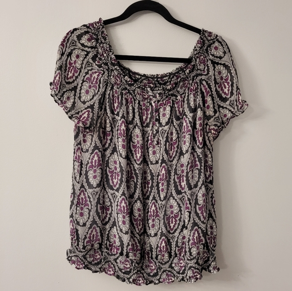 SILK Off The Shoulder Women’s Size 14 Peasant Top Grey Purple - Picture 2 of 11